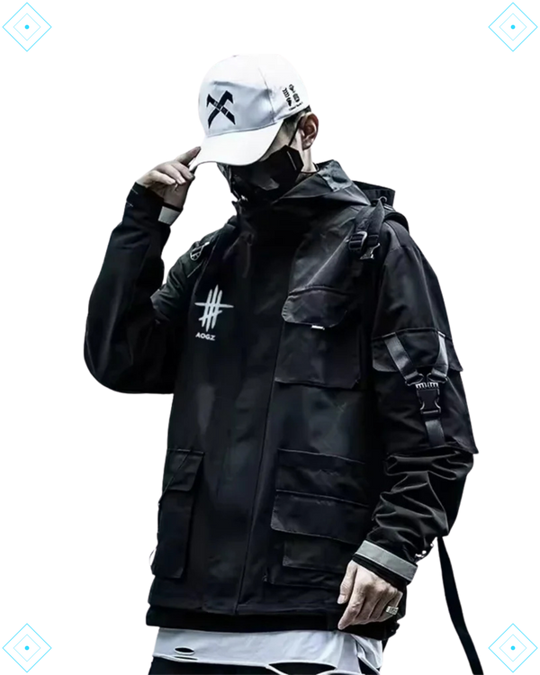 Rrezza Techwear Tactical Black Cargo Multi-Pocket Hooded Jacket