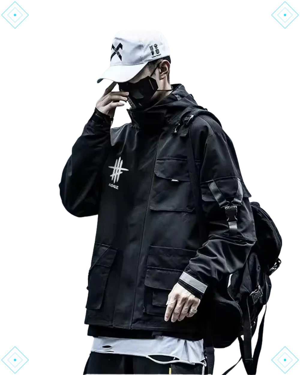 Rrezza Techwear Tactical Black Cargo Multi-Pocket Hooded Jacket