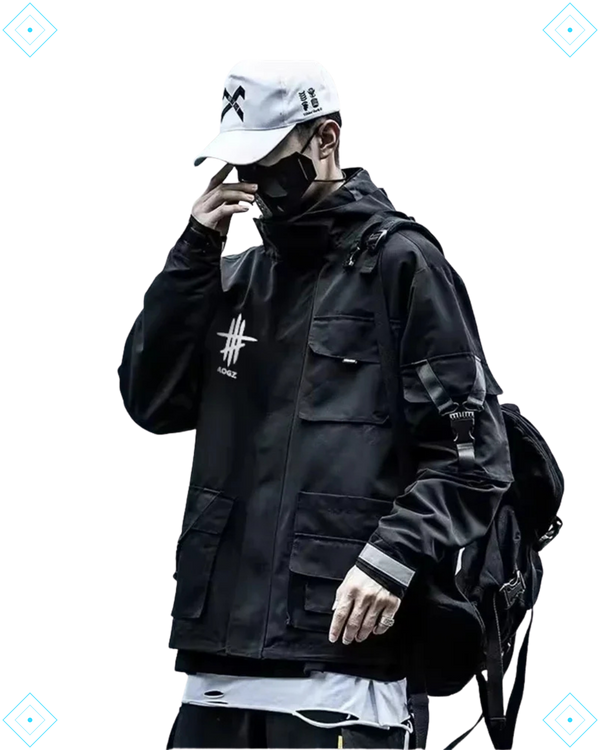 Rrezza Techwear Tactical Black Cargo Multi-Pocket Hooded Jacket