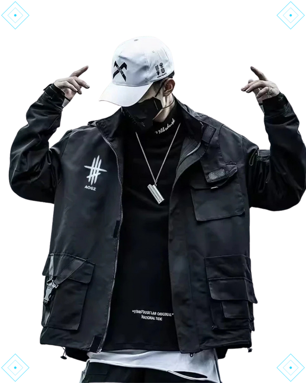 Rrezza Techwear Tactical Black Cargo Multi-Pocket Hooded Jacket