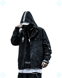 Rrezza Techwear Tactical Black Cargo Multi-Pocket Hooded Jacket