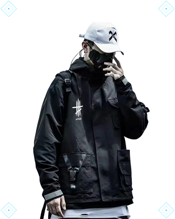 Rrezza Techwear Tactical Black Cargo Multi-Pocket Hooded Jacket