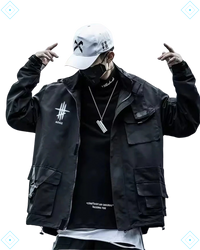 Rrezza Techwear Tactical Black Cargo Multi-Pocket Hooded Jacket